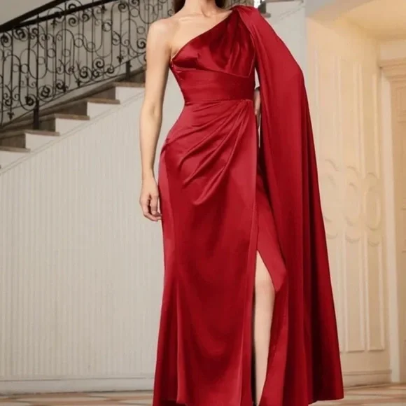 Luxe Pink One shoulder Party Formal Evening Prom Satin Wedding dre… - Picture 8 of 16